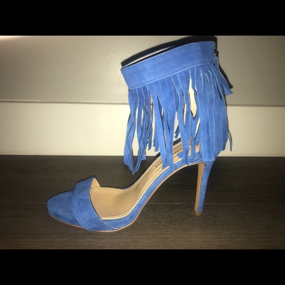 BCBG MAXAZRIA BLUE SUEDE fringe heels